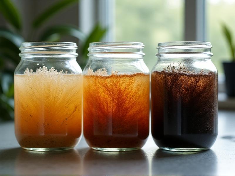 Three glass jars containing mushroom substrates with distinct textures and colors labeled with pH values: 5.0 (straw-based, golden-yellow), 6.2 (wood chips, dark brown), and 7.5 (compost, rich black). Each jar shows early mycelium growth as white, web-like structures spreading through the substrate. Natural light highlights the contrast between the materials.