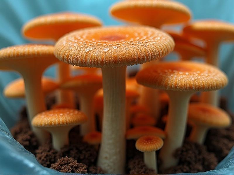 A dense flush of B+ mushrooms with large, caramel-colored caps and thick stems, emerging from a bulk substrate in a plastic grow bag. Side lighting highlights their robust structure and fuzzy white mycelial base.