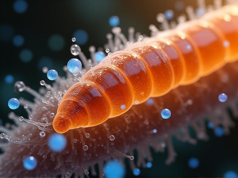 A digital illustration showing a beneficial nematode entering an insect larva through its spiracles. The nematode is depicted in amber tones against the larva's pale body, with symbiotic bacteria represented as glowing blue particles. The style is educational, using cross-sectional visuals and soft shadows.