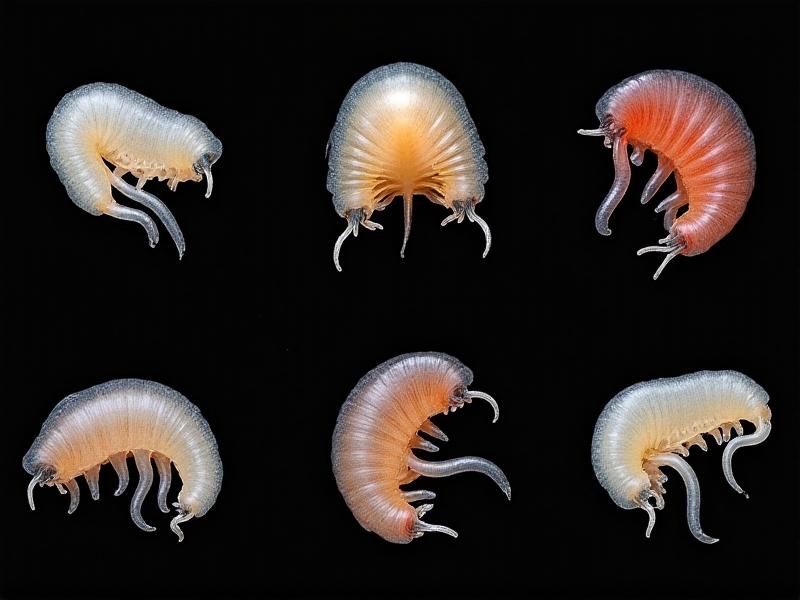 A composite image of six beneficial nematode species under magnification, each labeled with their scientific names. Colors range from translucent white to reddish-brown, set against black backgrounds. The layout is grid-like, with sharp focus and macro details highlighting morphological differences.