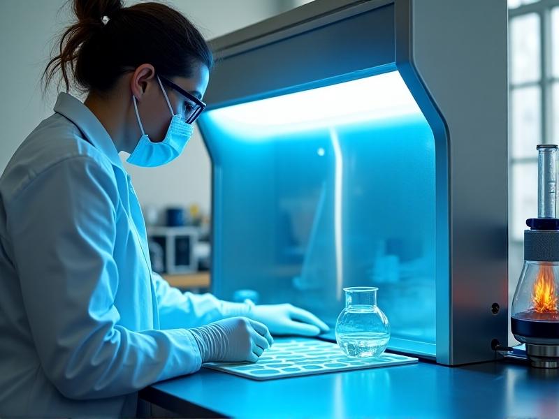 A researcher in a lab coat and gloves working inside a laminar flow hood, its HEPA filter emitting a gentle stream of purified air. The hood’s stainless steel surface holds agar plates, a glass beaker with ethanol, and a Bunsen burner. The blue glow of the hood’s UV light adds a futuristic tone to the scene.
