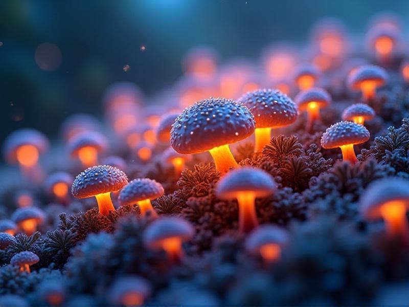 A detailed microscopic view of mushroom spores and glowing DNA strands under blue laboratory lighting. Hyper-realistic digital illustration with scientific diagram overlays showing chromosomal recombination during hybridization.