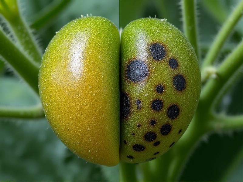 A composite image comparing early and advanced bacterial blotch symptoms on tomato leaves, from small translucent spots to large blackened areas with cracked texture, captured in macro photography with soft focus on veining details.