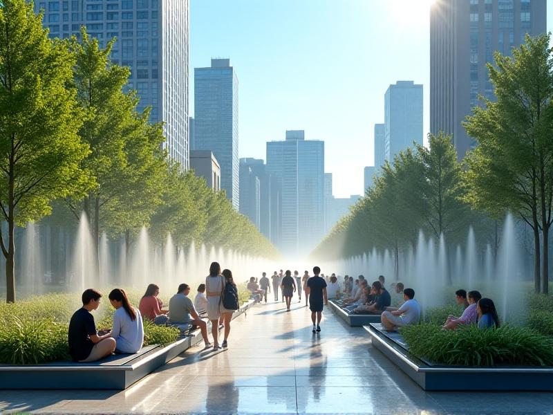 A modern urban park with sleek misting columns dispersing a gentle fog over a bustling seating area, people enjoying cool respite under a bright blue sky. The image blends futuristic infrastructure with lively human activity, captured in a sharp, sunny photographic style.