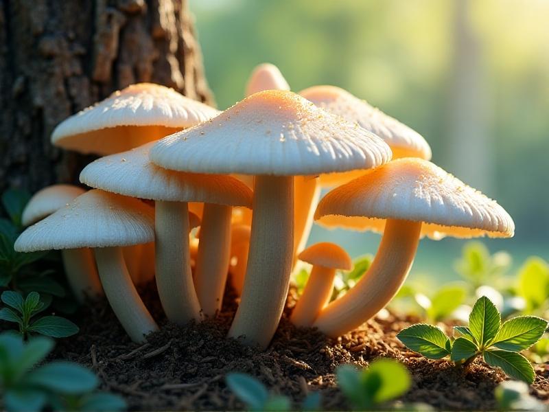 A vibrant cluster of pearl oyster mushrooms with pale gray caps and overlapping layers, growing on a straw log in a shaded outdoor garden. Diffused sunlight accentuates their ruffled edges and pearlescent sheen.