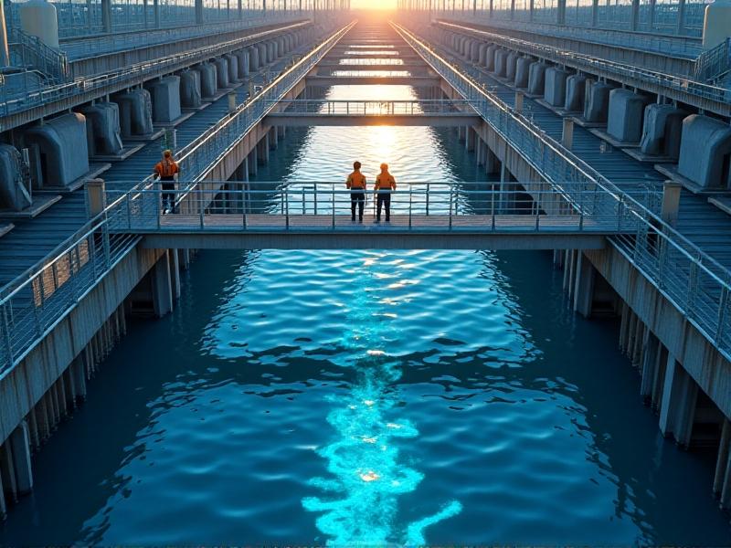 An aerial view of a water treatment facility with sedimentation tanks, pipes, and control panels. Engineers in safety gear monitor pH levels on digital screens. The image has a blue-toned, industrial aesthetic with crisp details and sunlight reflecting on water surfaces.