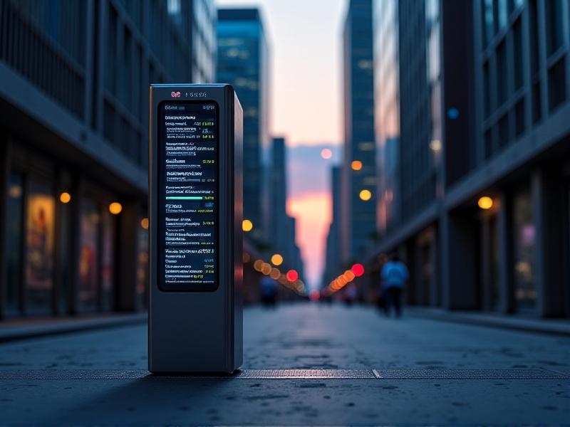 A high-tech rodent monitoring station in an urban alley, featuring sleek metal design with embedded infrared cameras. The trap’s digital screen displays real-time data graphs, while city skyscrapers loom in the background under twilight hues.