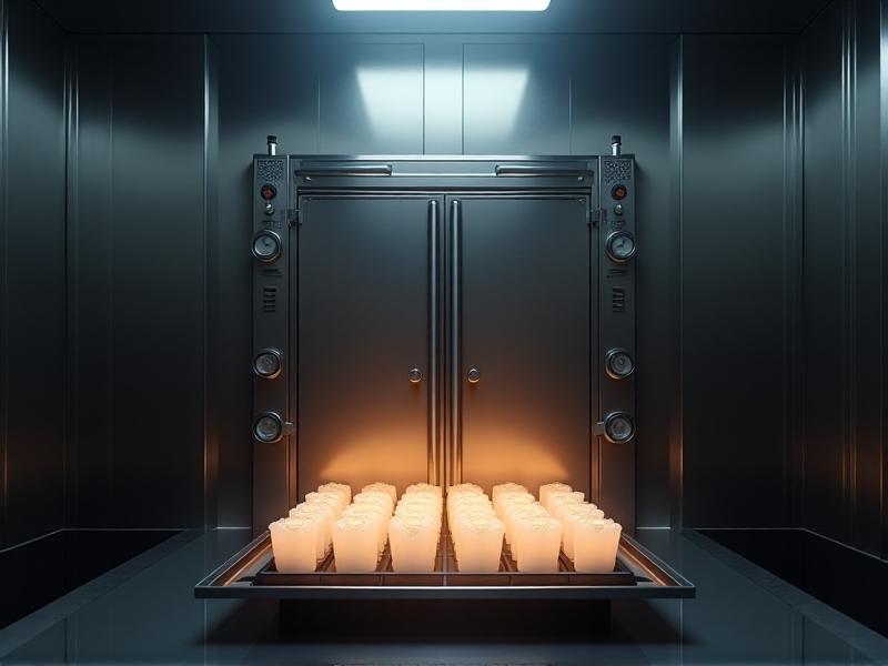 An industrial autoclave machine with stainless steel doors and pressure gauges, emitting steam into a tray of sterile substrate bags. Harsh industrial lighting contrasts with the warm vapor, conveying both efficiency and precision in a commercial farming setting.
