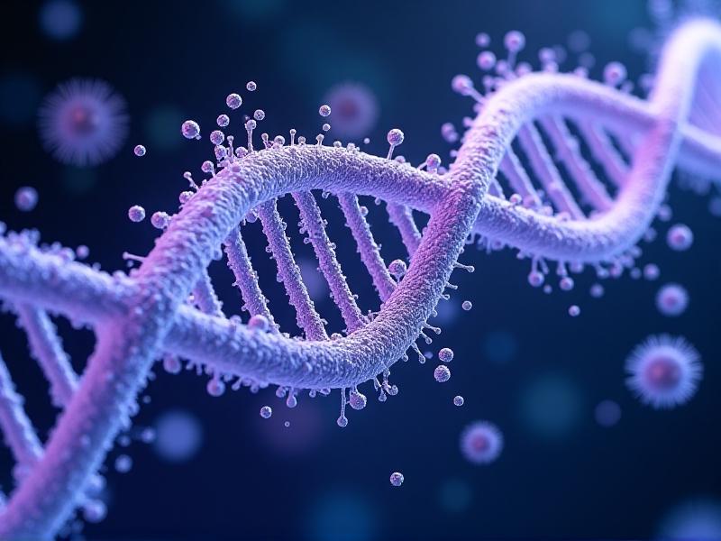 A digital illustration showing UV-C light breaking apart the DNA strands of bacteria and viruses, with vibrant colors highlighting microbial destruction. Keywords: UV effectiveness, microbial DNA, virus elimination.