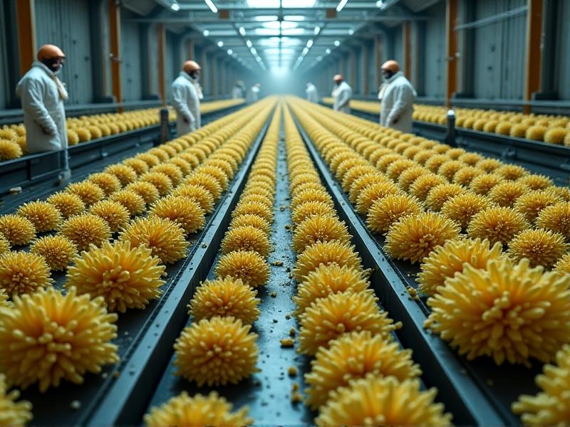 An industrial-scale facility with rows of stacked trays containing growing mycelium bricks, workers in protective gear monitoring growth parameters under warm, diffused lighting, emphasizing scalability and modern biomanufacturing.