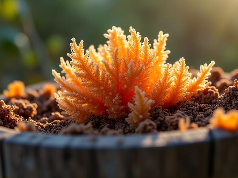 A time-lapse sequence showing a mycelium-based packaging material decomposing in a compost bin over six weeks, surrounded by earthworms and decaying leaves, with soft morning light emphasizing natural breakdown processes.