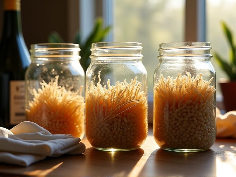 Three glass mason jars filled with sterilized rye grains colonized by white, feathery mushroom mycelium. Sunlight filters through a kitchen window, casting warm highlights on the jars resting on a wooden countertop. A spray bottle of alcohol and nitrile gloves sit nearby, emphasizing at-home cultivation methods.