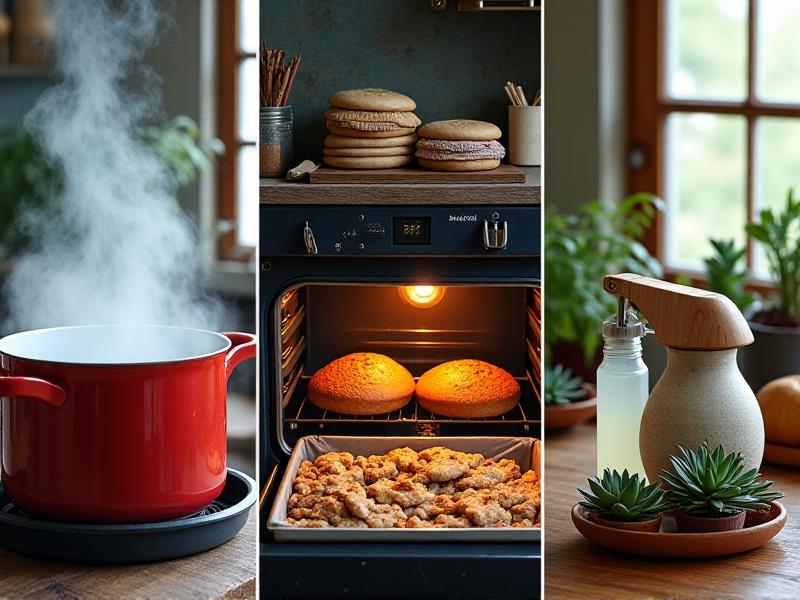 Three images side by side: A pot of boiling water with substrate bags, a baking tray of coco coir in an oven, and a spray bottle misting bleach solution on wood chips. Rustic workshop background with natural light.