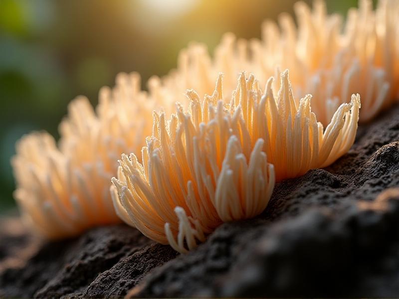 A highly detailed macro photograph of mycelium hyphae, displaying interwoven white filaments on a dark brown wooden substrate, accentuated by natural sunlight filtering through a greenhouse window.