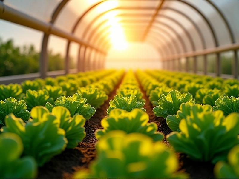 A high-tech greenhouse with rows of lush lettuce under a shimmering nano-mist canopy, sunlight diffusing through the fog to create a diffused glow. The scene emphasizes productivity and sustainability, styled as a vibrant, detailed photograph with rich green and gold tones.