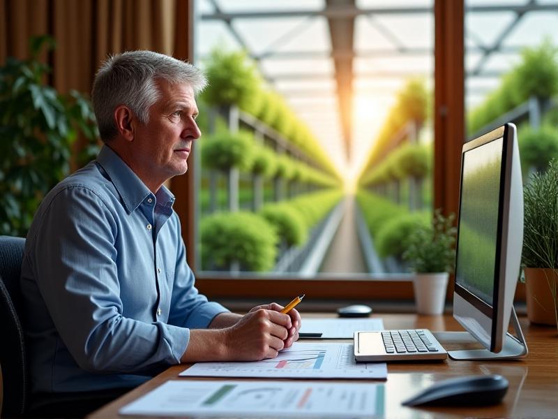 A line graph on a tablet screen showing declining operational costs over three years after installing scalable shelving. The background features a farm manager reviewing budget reports at a desk, with a window overlooking a greenhouse filled with organized shelving rows. The image juxtaposes data-driven decision-making with tangible infrastructure improvements.
