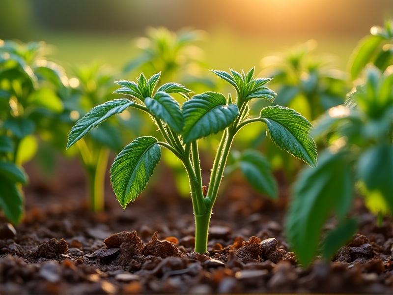 A close-up of a drip irrigation line in a vegetable garden, with water droplets trickling onto mulch-covered soil. Healthy tomato plants with vibrant green leaves grow alongside, under the soft glow of early morning light.