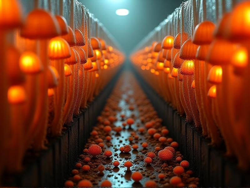 A dimly lit mushroom grow room with rows of overcrowded beds, condensation on plastic sheeting, and poor air circulation. Mites cluster on decaying organic matter in the foreground, their red bodies contrasting against the moist, straw-colored substrate.