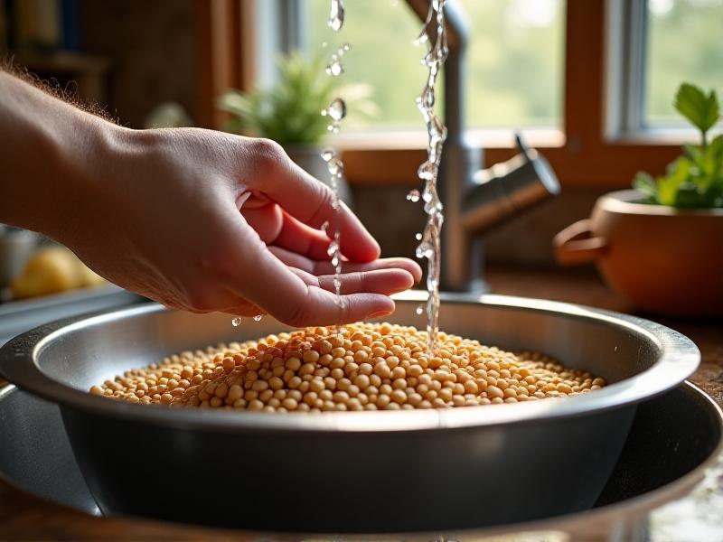 Close-up of hands rinsing organic rye grains in a stainless-steel colander under running water. Sunlight streams through a kitchen window, highlighting water droplets and the texture of the grains.