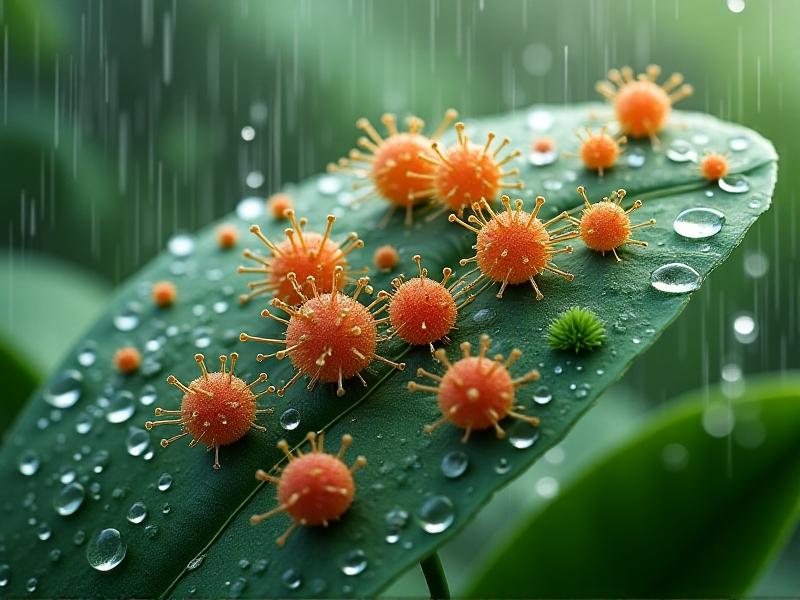 An illustrative diagram of bacterial blotch transmission, depicting raindrops splashing pathogens from soil onto plant leaves, with microscopic bacteria shown in green and red clusters, stylized as semi-realistic 3D renderings on a dark background.