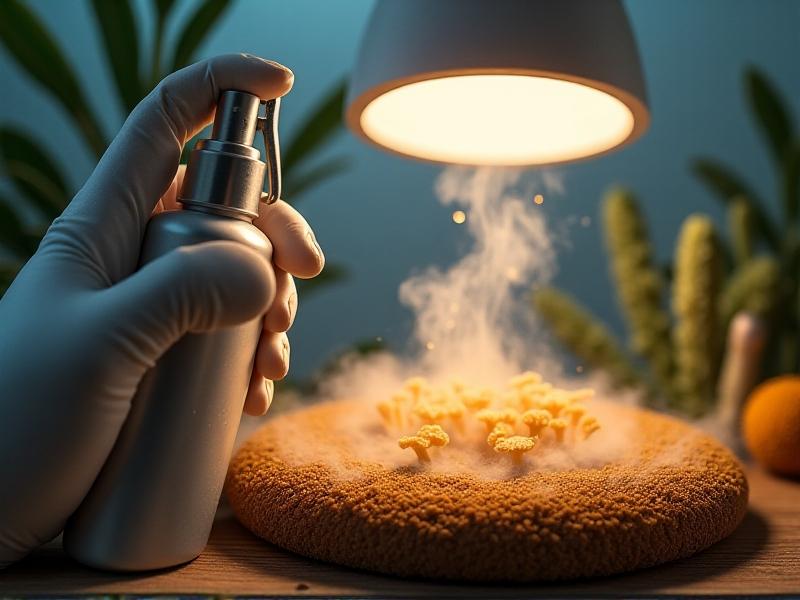 A gloved hand misting a Lion’s Mane substrate block with a silver spray bottle, fine water droplets sparkling under grow lights, steam rising from freshly chilled mycelium.