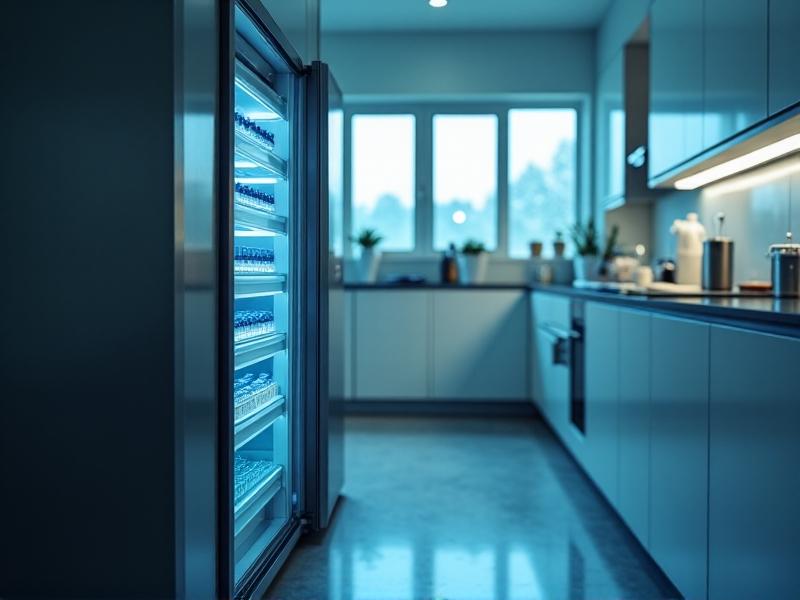 A stainless steel refrigerator door partially open, revealing a clear plastic container filled with labeled spore syringes stored vertically; the interior is dark with soft ambient light, emphasizing proper storage in a cool, dark environment to preserve spore viability.