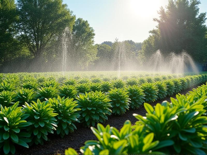 Three types of irrigation systems displayed side by side: a drip line with emitters, a rotating sprinkler head, and a soaker hose coiled around red tulips. Each is labeled with icons indicating best-use scenarios.