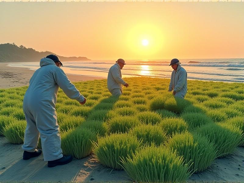Workers in protective gear lay down straw inoculated with fungal mycelium across an oil-slicked beach, with waves crashing in the distance. The scene is stark yet hopeful, with the orange sunrise symbolizing renewal amid environmental disaster.