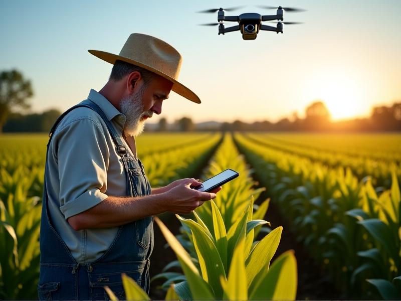 A farmer in a sunhat kneels in a sunlit field, using a handheld digital device to examine a corn plant with brown-spotted leaves. Rows of crops stretch into the distance under a clear blue sky, with a drone hovering overhead capturing aerial data. The image emphasizes technology and traditional farming working in tandem.