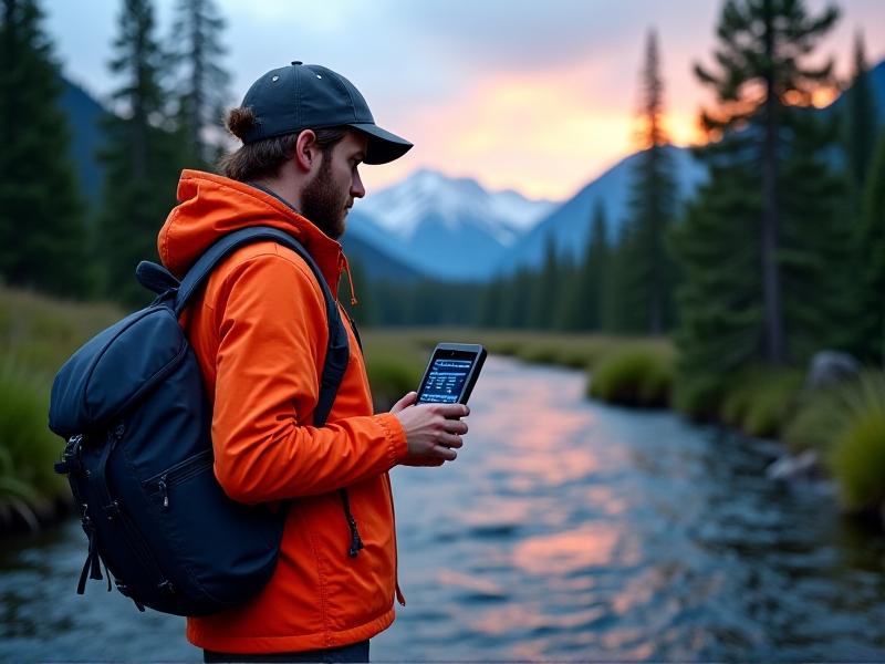 A field researcher in a neon orange jacket uses a handheld water quality analyzer by a mountain stream. The device has a digital screen showing pH and contaminant levels. The scene includes pine trees, snow-capped peaks, and a gradient from clear blue sky to dusk purple. Splashes of water droplets add motion, with a backpack carrying more portable lab tools nearby.