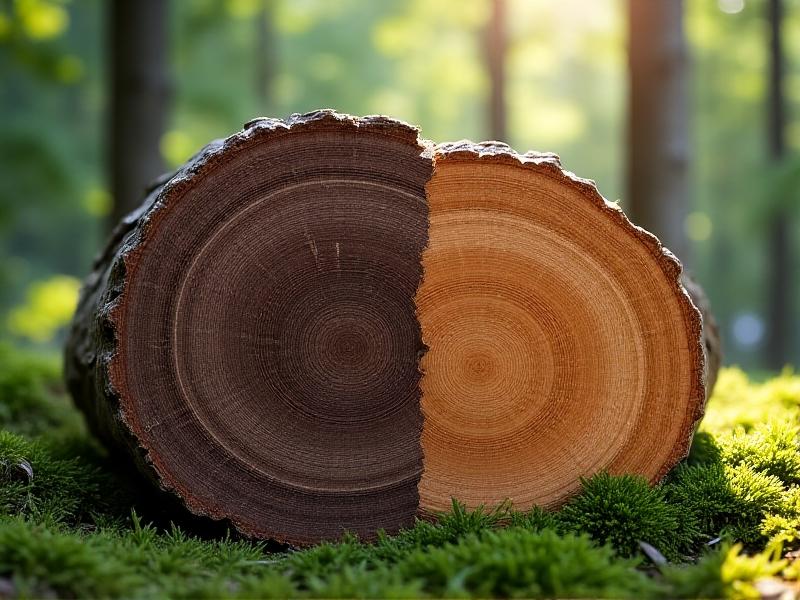 A split-screen image comparing oak and maple logs: the oak’s dark, rugged bark contrasts with maple’s smoother, lighter surface. Both lie on a bed of moss, with natural woodland lighting emphasizing their structural differences for fungal growth potential.