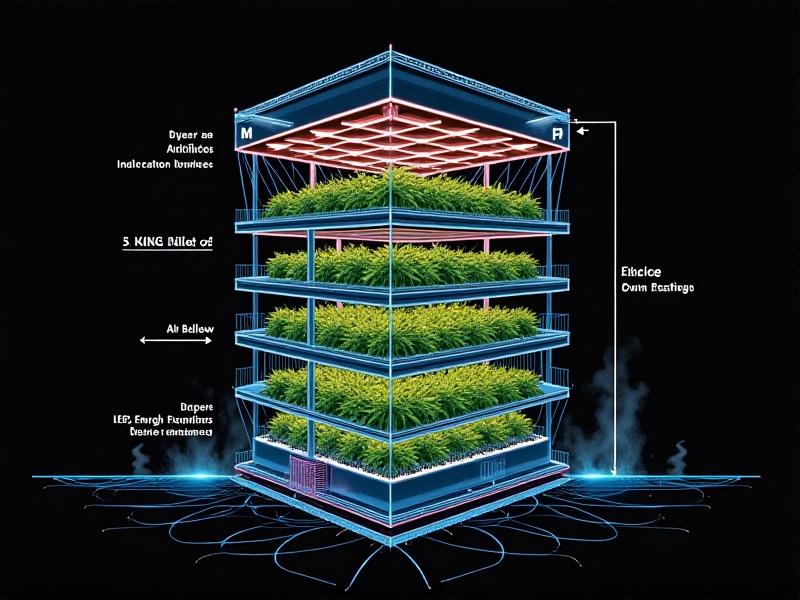 Cross-section blueprint of a solar-powered vertical farm showing racked cannabis plants under tiers of LEDs. Arrows indicate airflow from ceiling vents and solar-charged battery banks powering irrigation pumps. The technical illustration uses cyan and magenta accents against black background with floating energy metrics.