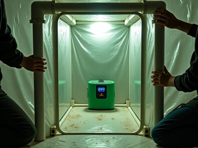 Hands assembling a PVC frame covered in translucent plastic sheeting, with a digital hygrometer showing 90% humidity. A small green humidifier sits on the tent floor, emitting a mist. Keywords: DIY grow tent assembly, humidity control for mushrooms, step-by-step mycology project.